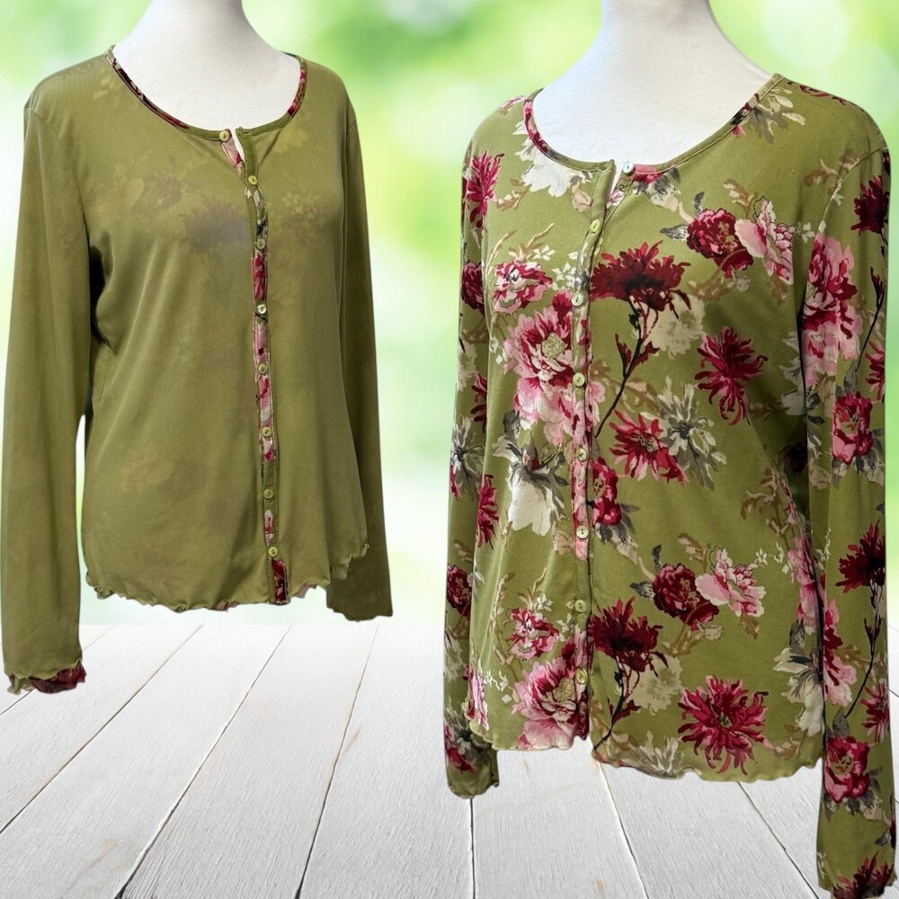 Vintage Y2K J JILL Reversible Cardigan Sweater Floral Mesh Cottagecore Size M